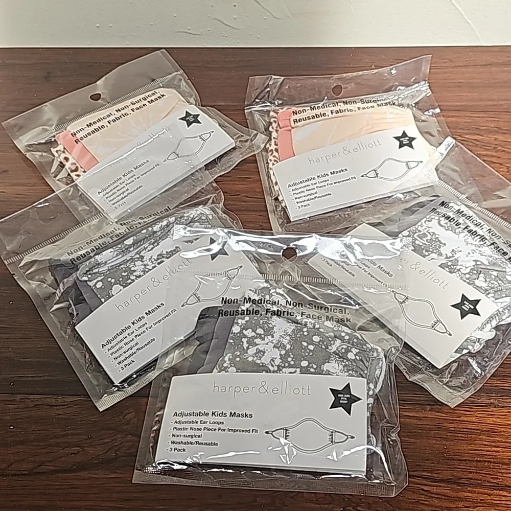NEW harper & elliott 5 packs @ 3 kid's face masks adjustable reusuable washable